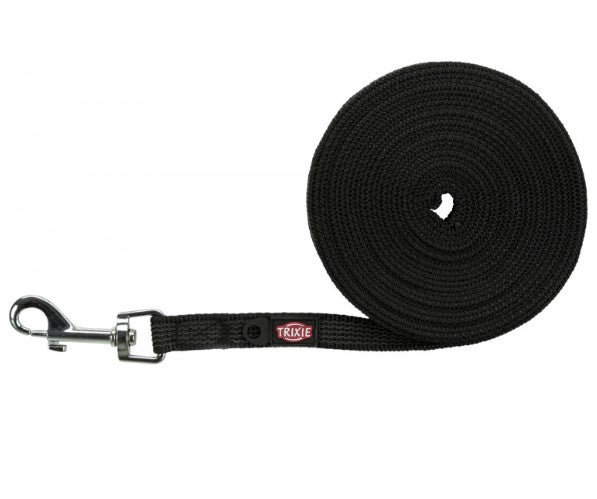 Smycz treningowa dla psa, czarna, tama parciana, S/“M: 10 m/15 mm, gu